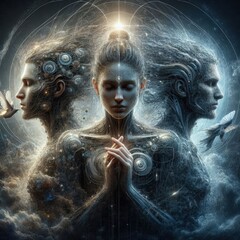 A composition of three robotic persons with a female in the center meditating, created in an abstract fantasy style. Harmony between technology and nature