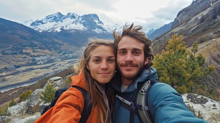 Naklejka na ściany i meble Man and woman couple taking selfie on mountain together