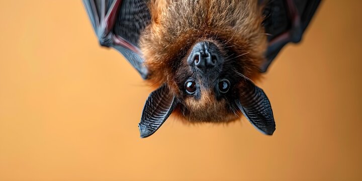 A large bat hanging upside down, displaying its striking presence. Concept Wildlife Photography, Nocturnal Creatures, Bat Behavior