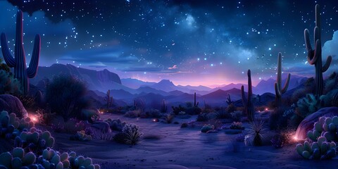Cacti illuminated under a starry desert sky casting a magical ambiance. Concept Desert Landscapes, Starry Skies, Cacti, Magical Ambiance, Nature Photography