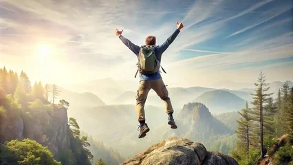 Foto auf Alu-Dibond Successful Hiker Celebrating on Mountain Top - Young Male Climbing in Forest Pathway © PhotoPhreak