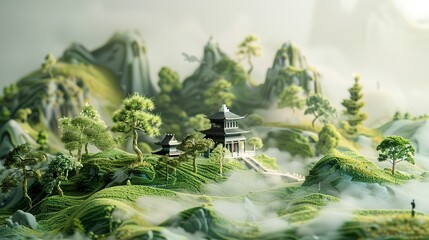 The artwork showcases a microcosm of a grassland and mountains, lush green meadows miniature model of a landscaped of Chinese culture