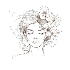Woman head with flowers, line art