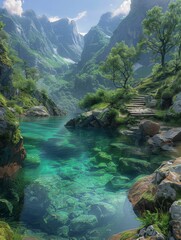 Fototapeta na wymiar Mountainous River Landscape Painting