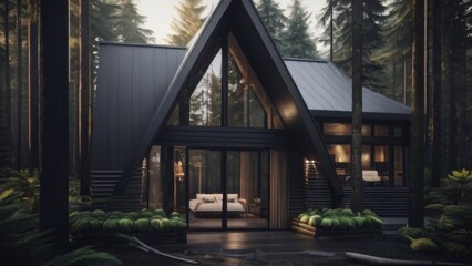 Modern luxury cabin house in deep forest - Powered by Adobe