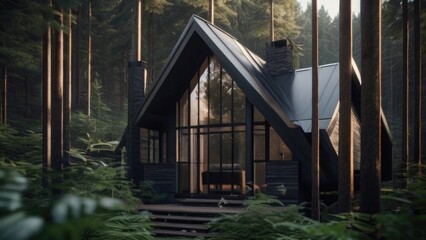 Fototapeta na wymiar Modern luxury cabin house in deep forest