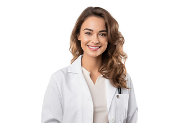 Female Doctor in White Coat, Professional Portrait with Friendly Expression, Standing in Hospital Background