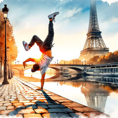 Illustration with a guy breakdancing on the Seine River embankment overlooking the Eiffel Tower - obrazy, fototapety, plakaty