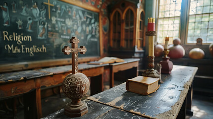 .old classroom in a Catholic town in Bavaria. Separation of church and school, discussion about religious education vs. English. Education on the way to the Middle Ages, generative AI