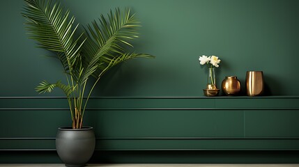 Green cabinet and accessories decor in living room interior on empty dark wall background