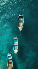 Top view of retro fishing boats in blue clear ocean. Shade from the sun's rays. Ocean still life...