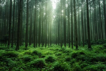 Fototapeta na wymiar Dense Forest With Tall Trees