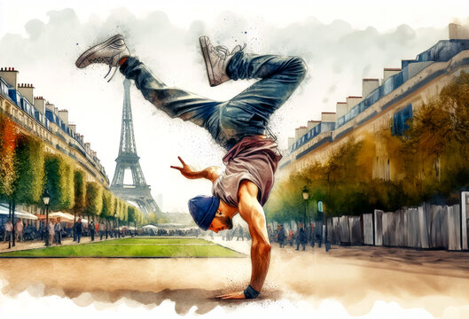 Against the backdrop of the symbol of Paris, the movements of a guy dancing a break dance reflect the modern spirit and timeless elegance, mingling with the airy atmosphere of the capital of love