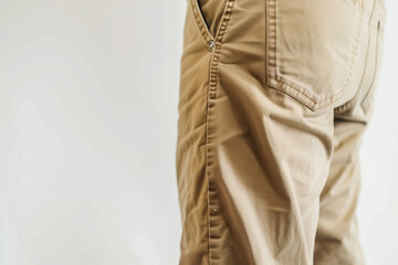 Close-up of a Khaki Cargo Pant Leg with Pockets and Seam Detailing on a White Backdrop