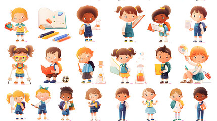 Collection of cute school kids. Education clipart. Mathe, drawing, chemistry, sports, reading, writing, geography. Isolated cartoon characters, school boys and girls. 