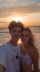 Teenagers couple vertical portrait standing on a beach