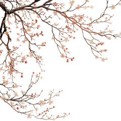 Blossoming Cherry Tree Branch with Pink Blossoms and Leaves, Vector Illustration of Japanese Sakura in Spring