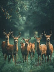 Herd of Deer Standing on Lush Green Field