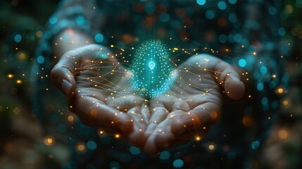 A hand touches and holds light of global in direction of a technology network and interconnected lines, Symbolizing the concept of digital transformation, blockchain technology, and future networks.