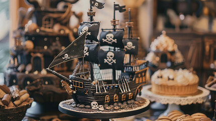 A pirate-themed birthday party with pirate ship decor, treasure hunt activity, and pirate-themed...