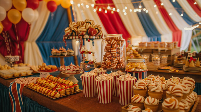 A circus-themed birthday party with big top tent decor, circus performer entertainment, and circus snacks — Creation and Development, Success and Achievement, Love and Respect