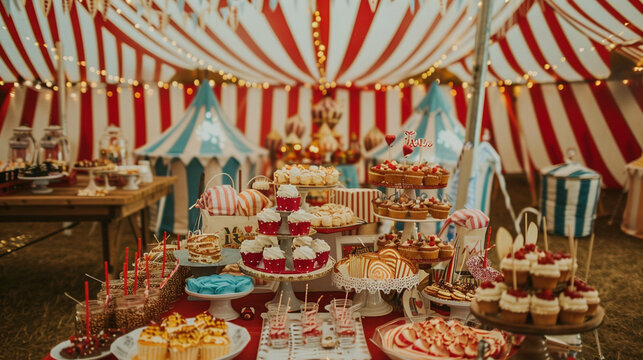 A circus-themed birthday party with big top tent decor, circus performer entertainment, and circus snacks — Creation and Development, Success and Achievement, Love and Respect