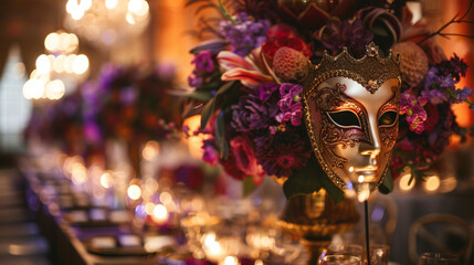 A masquerade ball wedding with elaborate masks, grand ballroom decor, and Venetian-inspired cuisine — Creation and Development, Success and Achievement, Love and Respect - obrazy, fototapety, plakaty