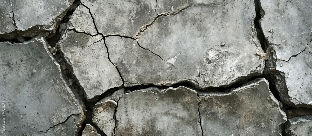 Poster macro view of a weathered concrete surface resembling a dried riverbed with intricate patterns resem