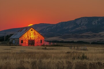 Barn in Field With Sunset