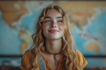 Fototapeta premium A young girl against the backdrop of a world map dreams of traveling.