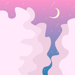 Trendy Abstract Fantasy Cute Kawaii Landscape Moon Stars Falling Purple Pink Vector Design