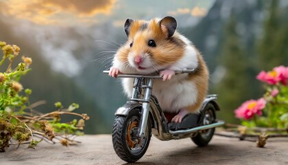 Hamster rides a small motorcycle