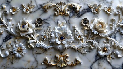 Baroque Style Ornate Floral Golden Decoration on Marble.