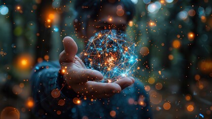 A hand touches and holds light of global in direction of a technology network and interconnected lines, Symbolizing the concept of digital transformation, blockchain technology, and future networks.