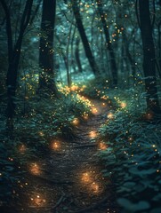 Fototapeta premium Path in the Woods With Fireflies