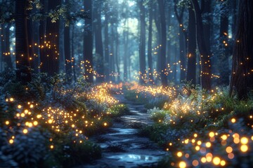 Naklejka premium Illuminated Path Through Forest