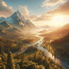 A picturesque image showcasing a breathtaking mountain landscape with a peaceful river flowing in...