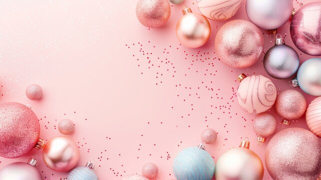 Christmas holiday composition, Mock up frame with blank copy space made of Christmas baubles on a pink background, Flat lay, festive concept, christmas banner, christmas background - Powered by Adobe