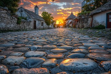 Cobblestone Street With Sunset Background - Powered by Adobe