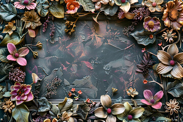 Volumetric background flowers and petals sculpture, sculpted flowers on a large wooden frame, gray, pink, turquoise tones.