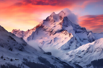 Dawn Breaking Over Majestic Snow-Capped Alps Mountains: A Captivating Show of Nature's Unrivaled Beauty