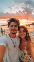 Man and woman couple taking vertical selfie on a beach