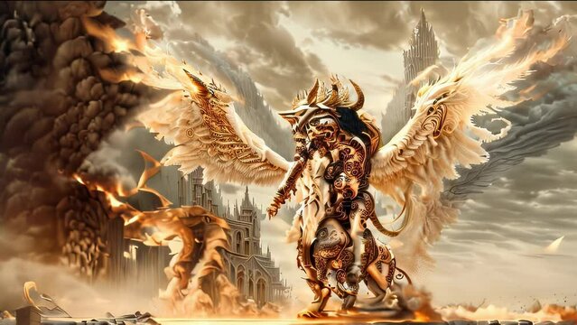 Video animation of warrior with intricate armor and wings stands amidst a dramatic backdrop of flames, clouds, and gothic architecture. The warrior is adorned with detailed