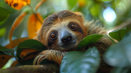Obraz premium wildlife photography, authentic photo of a sloth in natural habitat, taken with telephoto lenses, for relaxing animal wallpaper and more