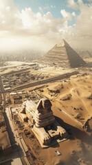 Aerial view of the Giza plateau, Sphinx guarding the Pyramids, historical wonder