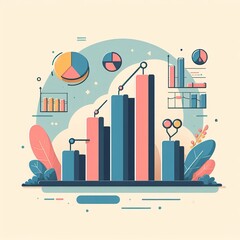 A flat illustration of various types of graphs and charts used in business such as pie charts, bar graphs, line graphs and histograms.