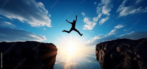 A daring man is seen in mid-leap, vaulting off the edge of a high cliff with his body extending towards the vast open sky. - obrazy, fototapety, plakaty