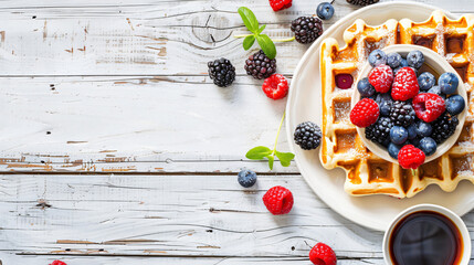Home made waffles with berries and coffee on white