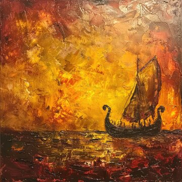 Archetypal Viking ship sailing through a curry-colored sea, impressionism meets wildfire skies