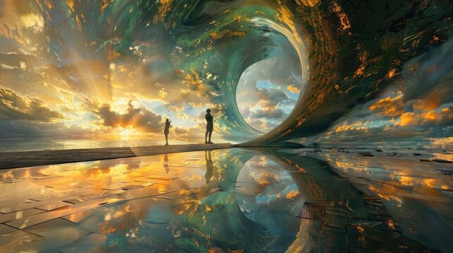 Mirror world reflecting a quantum tsunami, medieval art style, surreal blend of time and reality